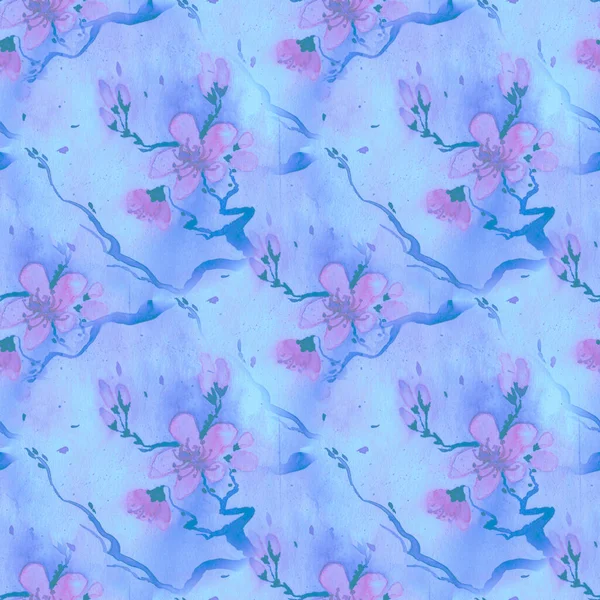 Kirschblütenkunst. Nahtlose Rosentextur. Blau — Stockfoto