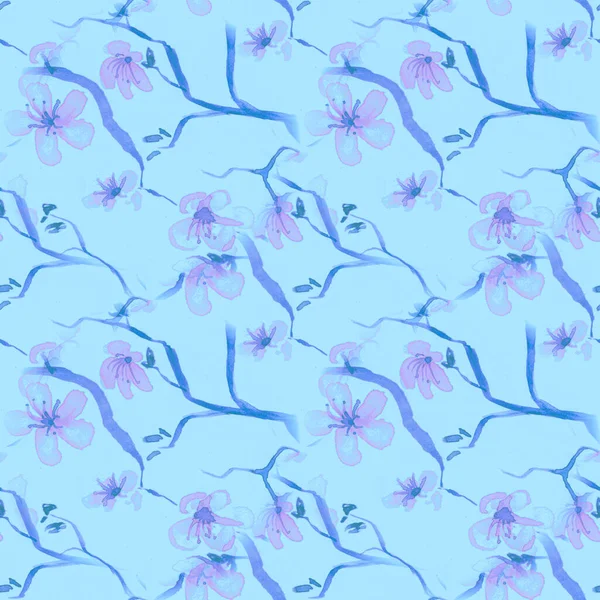 Blossom Cherry Art. Seamless Apple Textile. Blue