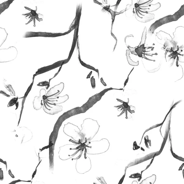 Sakura akvarel. Blossom Branch. Bílý abstrakt — Stock fotografie
