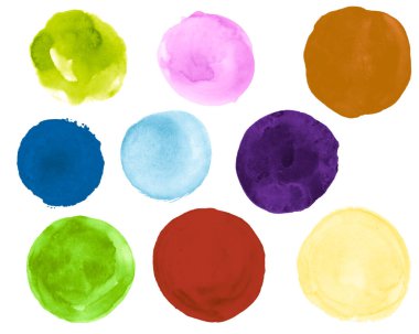 Parlak Suluboya Çemberleri Koleksiyonu. Sanat Yaratıcı Leke İllüstrasyonu. Kağıt üzerinde leke olan grafik şablonu. Suluboya