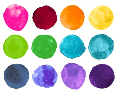 Parlak Suluboya Çemberleri. El boyası mürekkep lekeleri. Çizilmiş Leke Koleksiyonu. Fırça Renkli Suluboya çemberleri. Sanat