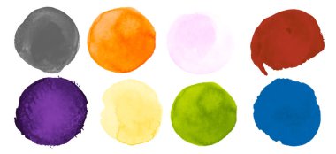 Parlak Suluboya Çemberleri Koleksiyonu. Sanat Soyut Nokta Arkaplanı. Kağıt üzerinde leke olan yaratıcı illüstrasyon. Fırça