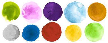 Suluboya Yuvarlak Koleksiyonu. Mürekkep Yaratıcı Leke Şablonu. Kağıttaki Nokta ile Grafik Çizim. Parlak Suluboya Çemberi