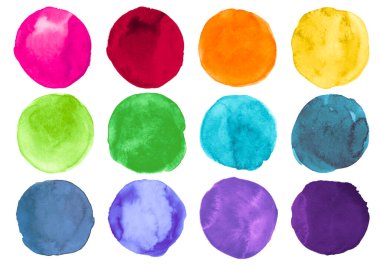 Fırça Renkli Suluboya çemberleri. Grafik Mürekkep Yuvarlakları. Çizilmiş Leke Arkaplanı. Parlak Suluboya Çemberleri. Sanat