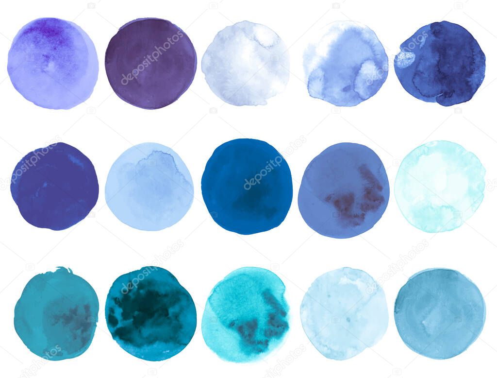 Pastel Blue Watercolor Dots. Abstract Grunge Rounds on Paper. Ink Stains Illustration. Brush Stroke Watercolor Dots.