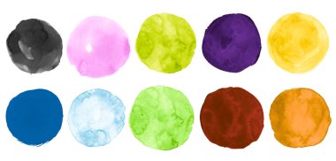 Fırça Renkli Çemberler Ayarlandı. Sanat El Boyası Lekesi Arkaplanı. Kağıda Düşürmeli Yaratıcı Şablon. Suluboya Çemberleri