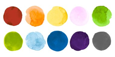 Parlak Suluboya Çemberleri Koleksiyonu. Mürekkep Yaratıcı Leke Şablonu. Dot on Paper ile Soyut Arkaplan. Suluboya