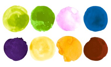 Parlak Suluboya Çemberleri Koleksiyonu. Mürekkep El Boyası Düşürme Şablonu. Kağıt üzerinde leke olan soyut çizim. Suluboya