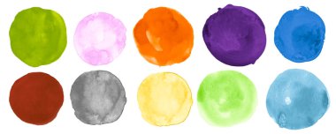 Parlak Suluboya Çemberleri. Mürekkep Yaratıcı Leke İllüstrasyonu. Kağıt üzerinde nokta olan el boyası arkaplanı. Suluboya