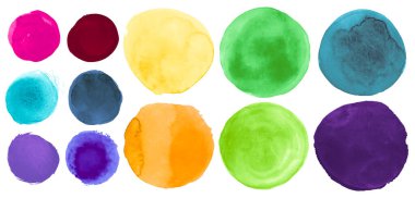 Parlak Renkli Suluboya çemberleri. Yaratıcı Sanat Damlaları seti. Çizilmiş Yuvarlak Arkaplan. Suluboya çemberlerini fırçala. Mürekkep