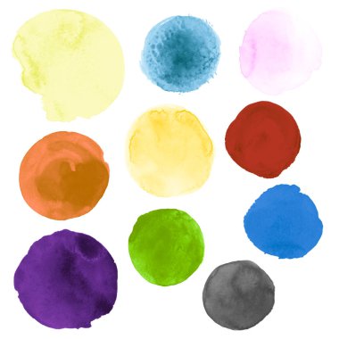 Renkli Suluboya Çemberleri Koleksiyonu. Sanat Grafiği Bırakma Şablonu. Kağıt üzerinde leke olan soyut illüstrasyon. Fırça