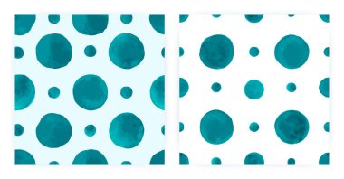 Vektör Suluboya Polka. Kusursuz Yuvarlak Tekrarla. Mavi Geometrik Arkaplan. Suluboya Polka Tasarımı. Retro Sevimli Noktalar.