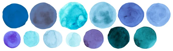 Círculo de Aquarela Teal. Manchas de pintura de mão isoladas em papel. Fundo de queda de arte azul. Pincel curso Círculo de aquarela. — Fotografia de Stock