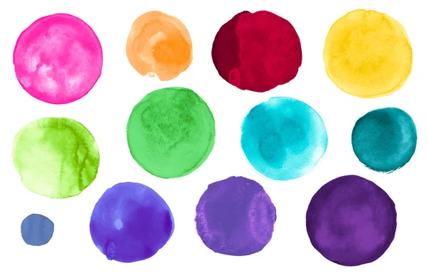 Leuchtend bunte Aquarellkreise. Ein Satz kreativer Farbspritzer. Sammlung gezeichneter Runden. Pinsel Bunte Aquarell — Stockfoto