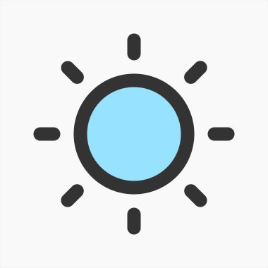 Parlaklık sembolü için ana hatlı güneş ikonu vektörü izole edildi. Güneş ışığının basit grafik çizimi