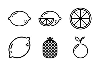 Meyve suyu ve içecek markası için ideal limon, portakal ve ananas çizgisi ikonlarından oluşan özel bir set..