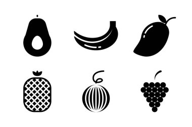 Ananas, avokado, mango ve egzotik yemek temaları için diğer tropikal favorileri içeren profesyonel katı vektör simgeleri.