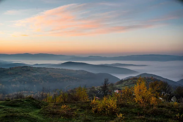 Sunrise Background Mountains Fog Autumn Season — Stock Photo, Image