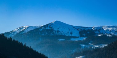 Kış mevsiminde yüksek dağlar, kozalaklı ağaçlarla örtülmüştür. Güzel dağ manzarası.