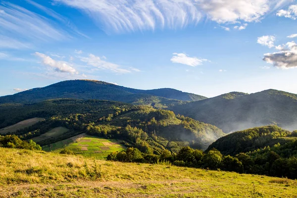 Gyönyörű Kilátás Nyílik Hegycsúcsok Borított Zöld Erdő — Stock Fotó