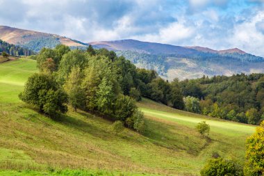 Tepeler çimen ve ağaçlarla kaplıydı. Dağların arka planında. Gökyüzü bulutlarda..