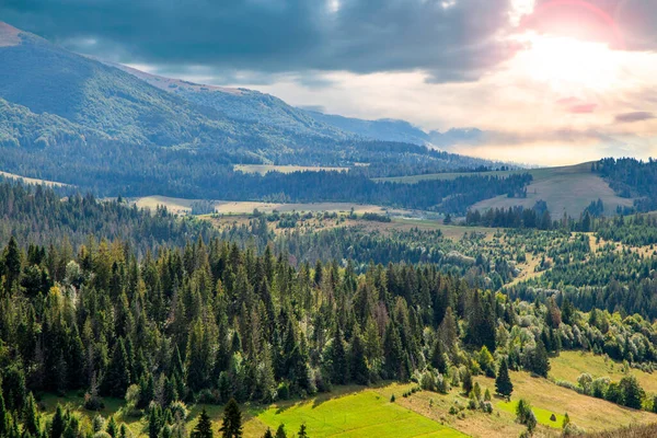 Tűlevelű Erdők Dombok Háttérben Hegyek Felhők Vidék — Stock Fotó