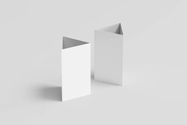 Boş Masa Çadırı. Beyaz arkaplanda yansımalı kağıt dikey üçgen kartlar. Modelleme. 3B görüntüleme.