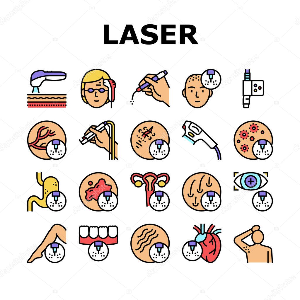 Laser Therapy Service Collection Icons Set Vector. Laser Removal Of Vascular Pathologies And Hair, Acne Treatment And Photorejuvenation Concept Linear Pictograms. Contour Illustrations