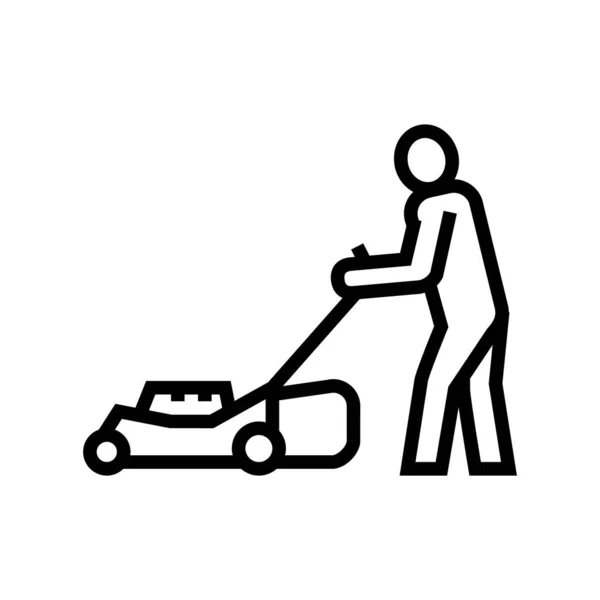 Gardener with lawn mower line icon vector illustration — Stock Vector