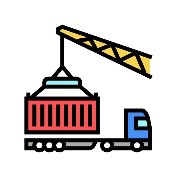 Contenedor de carga de grúa en camión en el icono de color del puerto ilustración vectorial — Archivo Imágenes Vectoriales
