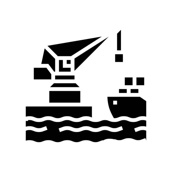 Kraan laden container op vrachtwagen in poort glyph pictogram vector illustratie — Stockvector