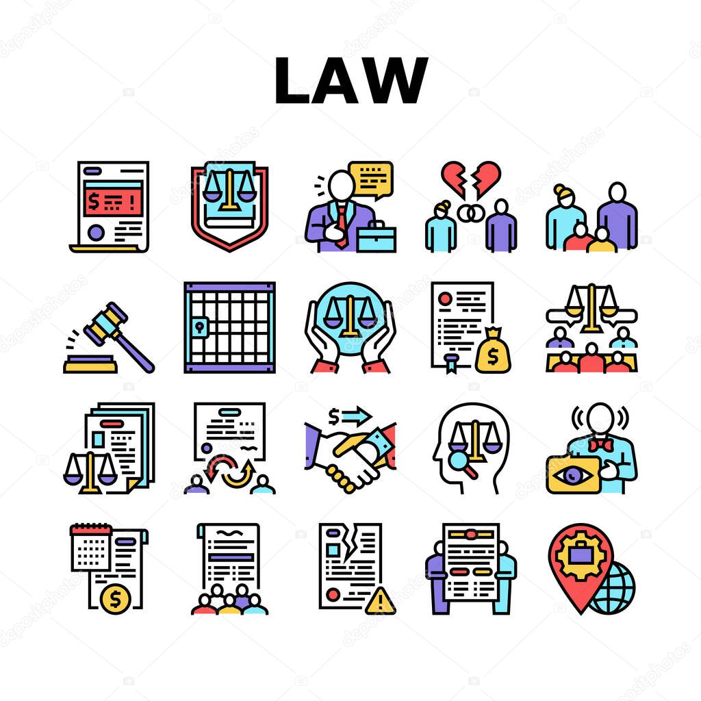 Law Justice Dictionary Collection Icons Set Vector. Family And Social Norms, Leasing And Breach Of Contract, Penalty And Divorce Law Concept Linear Pictograms. Contour Illustrations