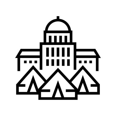 Hükümet mülteci kampı çizgisi ikon vektör illüstrasyonunu inşa ediyor