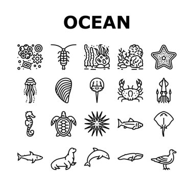 Okyanus Sualtı Yaşam Koleksiyonu Simgeleri Vektörü Ayarladı