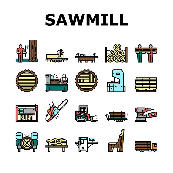 Sawmill Cut Service Collectionアイコンセットベクトル 木材や木のコンセプト線形ピクトグラムを粉砕するためのマシンを切断するための製材装置 輪郭カラーイラスト — ストックベクタ