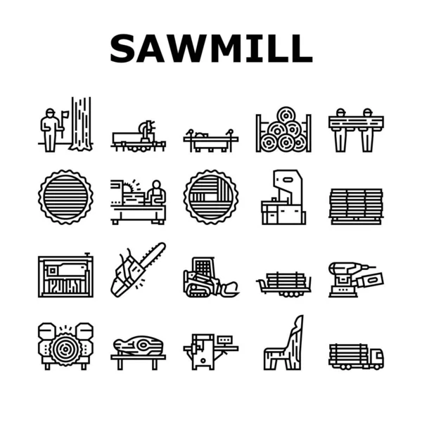 Sawmill Cut Service Collection Icons Set Vector 기계를 제재소 장비검은 — 스톡 벡터