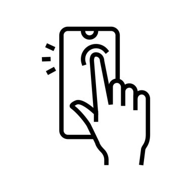 Parmak akıllı telefon ekran çizgi ikon vektörü ile dinleniyor. Akıllı telefon ekranı tabelasıyla dinliyoruz. izole edilmiş çizgi simgesi siyah illüstrasyon