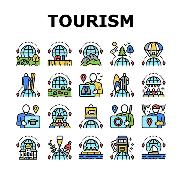 観光旅行タイプコレクションアイコンセットベクトル 文化と自然 空気とスキースポーツ ヨットとラフティング 教育とショッピング旅行のコンセプトリニアピクトグラム 輪郭カラーイラスト — ストックベクタ