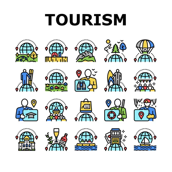 Toerisme Travel Types Collectie Pictogrammen Set Vector Culturele Natuur Lucht — Stockvector