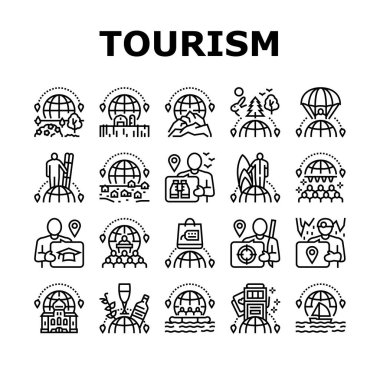 Turizm Seyahat Tipleri Toplama Simgeleri Vektörü Belirledi. Kültür ve Doğa, Hava ve Kayak, Yat ve Rafting, Eğitim ve Alışveriş Gezisi Siyahi Çizimleri