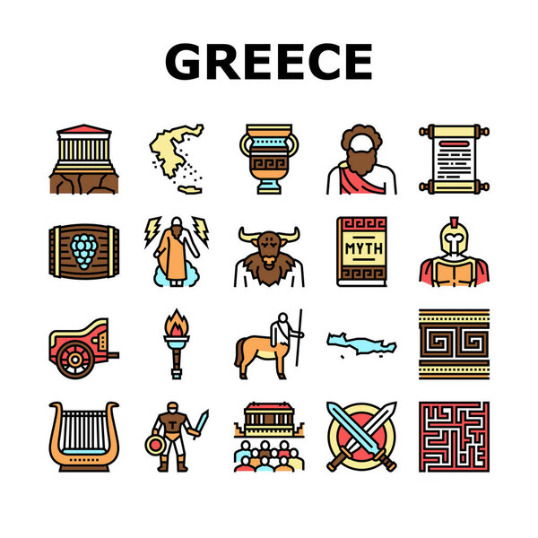 Ancient Greece Mythology History Icons Set Vector. Ancient Greece Myth And Ornament, Lyre Musician Instrument And Acropolis Building, Centaur And Minotaur Line. Color Illustrations