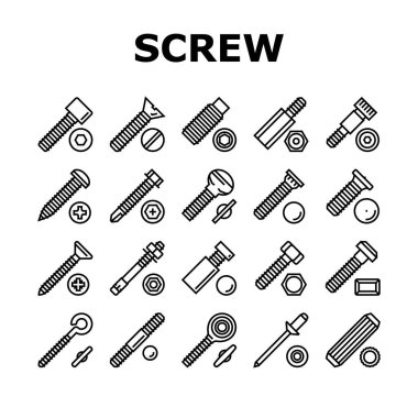 Screw And Bolt Building Accessory Icons Set Vector. Socket Head And Shoulder Screw, Press-fit And Hex Standoffs, Eyebolt With Peg And Rivet Engineer Equipment Black Contour Illustrations clipart