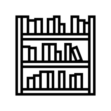 Kitap satırı simge vektörlü kütüphane rafı. Kütüphane rafında kitap tabelası var. izole edilmiş çizgi simgesi siyah illüstrasyon