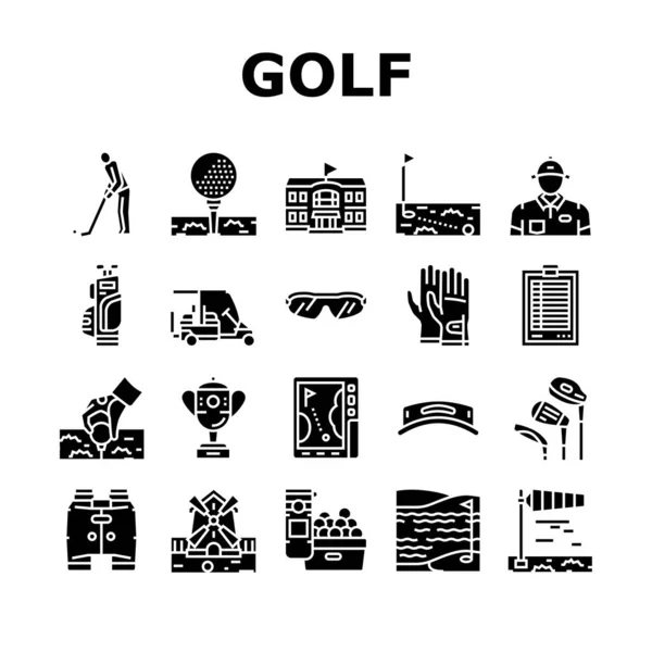 高尔夫球场上的角色扮演游戏图标设置向量 采购产品袋中的球和俱乐部 球童和Gps数码小器具 奖杯积分 手套太阳镜 高尔夫播放器配件 象形文字 黑色插图 — 图库矢量图片