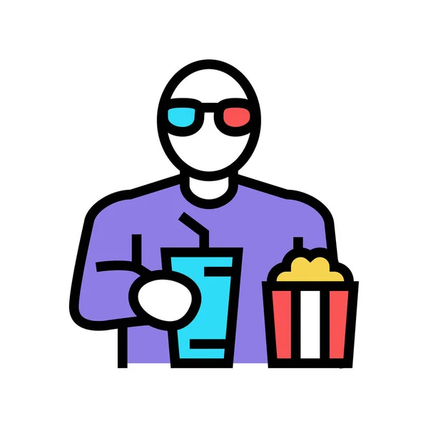 Зритель смотрит кино и ест попкорн в кино цвета иконок векторной иллюстрации — стоковый вектор