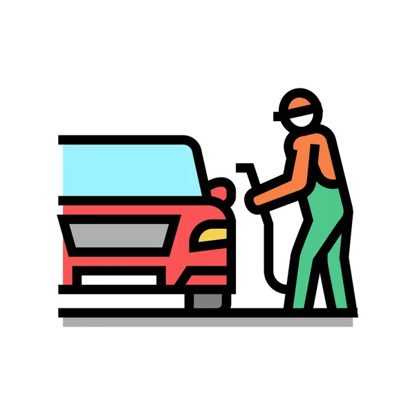 Betreiber tanken Auto, Tankstellenarbeiter Service Farbe Symbol Vektor Illustration — Stockvektor