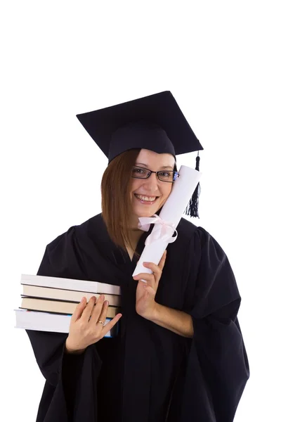 Niña en manto de estudiante con diploma y pila de libros —  Fotos de Stock