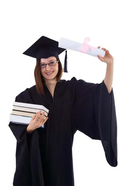 Młoda dziewczyna w płaszcz studenta z dyplomem — Zdjęcie stockowe