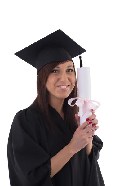 Young girl in student mantle with diploma — Stock Photo, Image