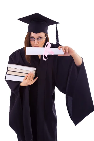 Mladá dívka v plášti studentské líbá své diplomové — Stock fotografie
